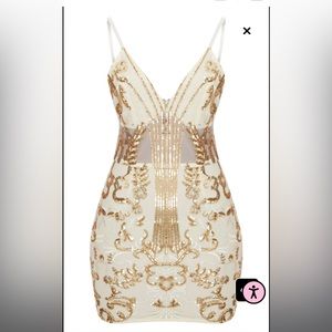 PRETTYLITTLETHING White & Gold SEQUIN BODYCON DRESS Size 6